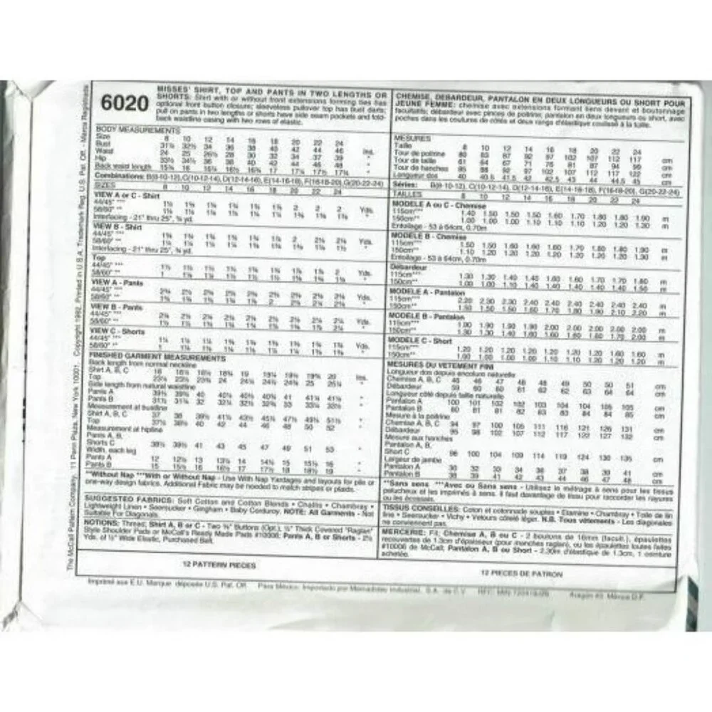 McCalls Sewing Pattern 6020 Misses Shirt Top Pants‎ Shorts Size 10-14